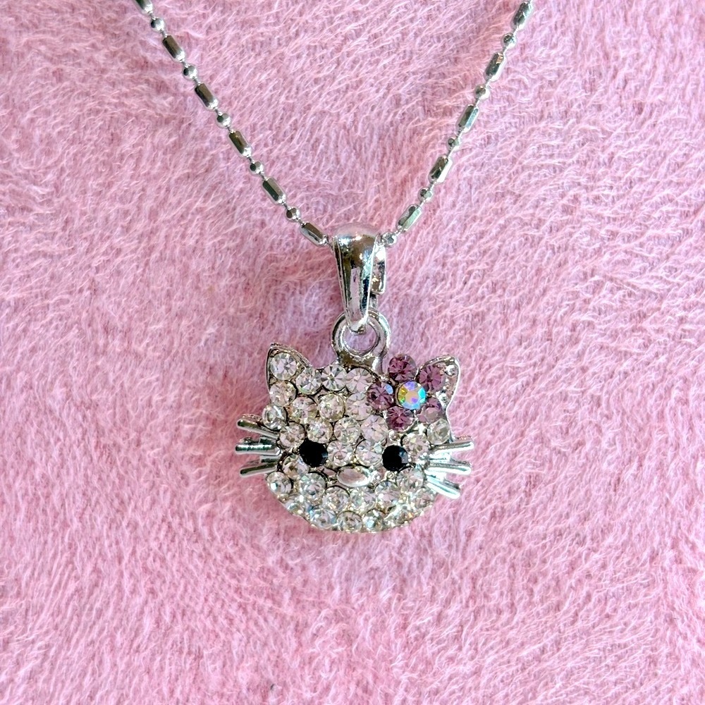 Hello Kitty Crystal Pendant Charm‎ Necklace with Pink Flower